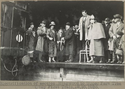 Electrification of section, Ringwood to Upper Fern Tree Gully First Train.12.10.1925. [Ribbon being cut.]