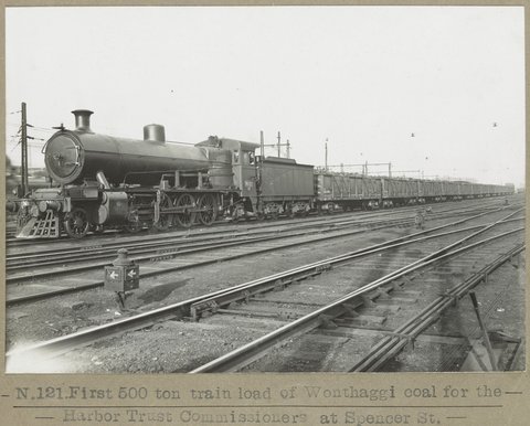 N.121.First 500 ton train load of Wonthaggi coal for the Harbor Trust Commissioners at Spencer St, 1928