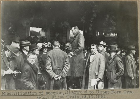 Electrification of section, Ringwood to Upper Fern Tree Gully First Train.12.10.1925. [Crowd on platform.]