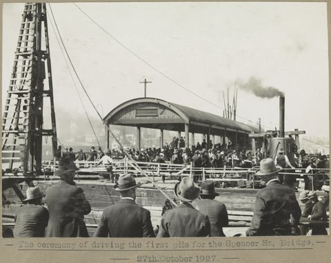 The ceremony of driving the first pile for the Spencer St. Bridge, 1927