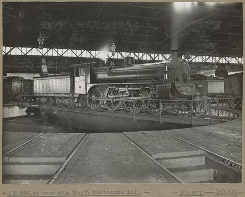 A2.986.on turntable North Melbourne Loco. [Two engines pictured.] DD.671. DD.611, c. 1915