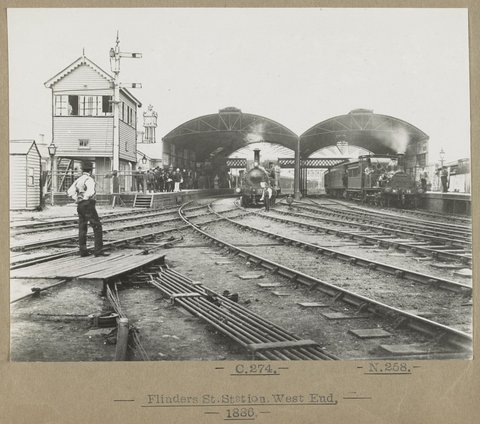 C.274. N.258. [Two trains] Flinders St.Station.West End.1886