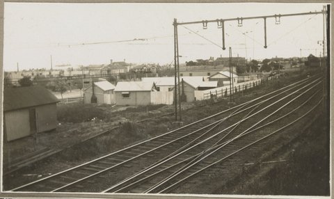 Alterations at Footscray. [View of workmen's huts from across the railway line.], 1926