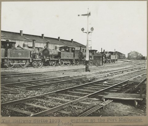 The Railway Strike 1903 engines at the Port Melbourne Sheds