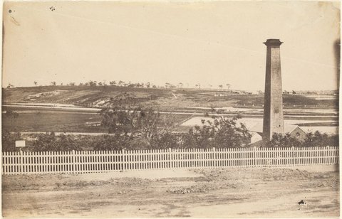 1st View of Yarra from Corner of Spring & Flinders St with Engine House built for pumping Yarra water through the Town of Melbourne, 1861