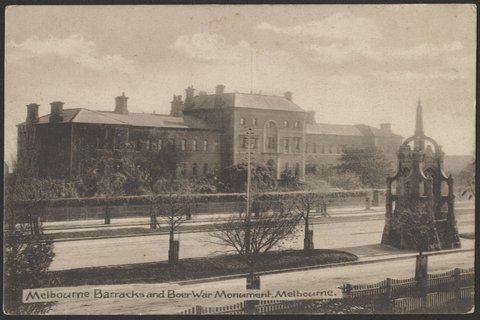 Melbourne Barracks and Boer War Monument, Melbourne, c. 1909
