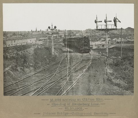 M.226 arriving at Clifton Hill. Opening of Heidelberg Line. Princes Bridge--Collingwood Section, 1901