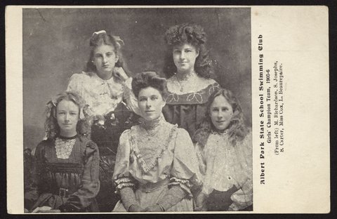 Albert Park State School Swimming Club. Girls' Champion Team, 1905-6 (From left) M. Richardson, S. Josephs, S. Carter, Miss Cox, L. Beaurepaire, 1905–06