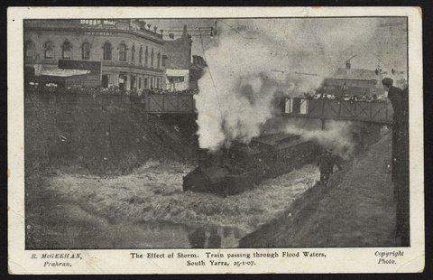 The Effect of Storm. Train passing through Flood Waters, South Yarra, 25-1-07, c. 1907