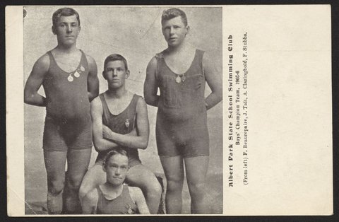 Albert Park State School Swimming Club. Boy's Champion Team, 1905-6 (from left) F. Beaurepaire, J. Tait, A. Claringbold, F. Stubbs, 1905–06