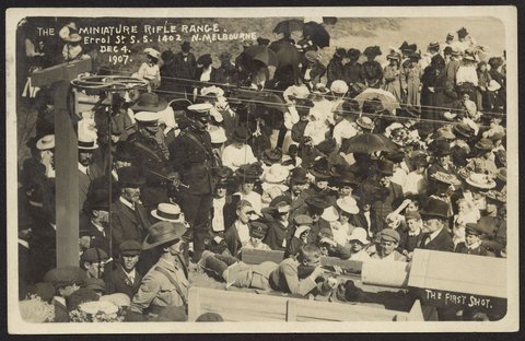THE FIRST SHOT. THE MINIATURE RIFLE RANGE. Errol St. S. S. 1402 N. Melbourne Dec 4 1907, c. 1907