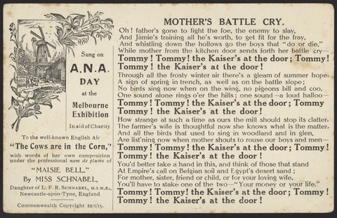 MOTHER'S BATTLE CRY. Sung on A.N.A. DAY at the Melbourne Exhibition, c. 1915