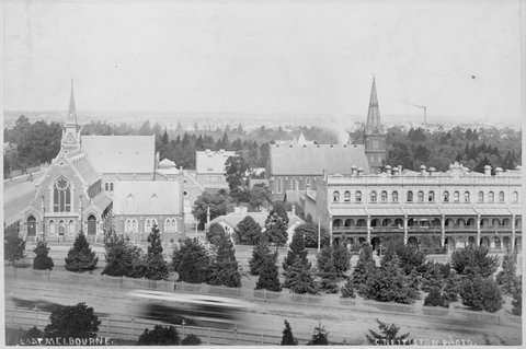 View of East Melbourne, including the German Lutheran Church, c. 1878