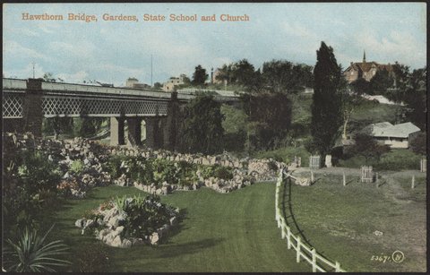 Hawthorn Bridge, Gardens, State School and Church, 1907?