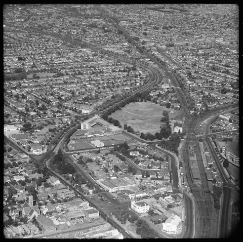 Aerial view of Caulfield, Victoria, looking south west towards Caulfield Railway Station, 1954