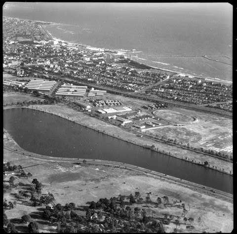 Aerial views looking south and south west over Albert Park Lake, Victoria, 1953