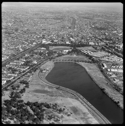 Aerial views looking south and south west over Albert Park Lake, Victoria, 1953