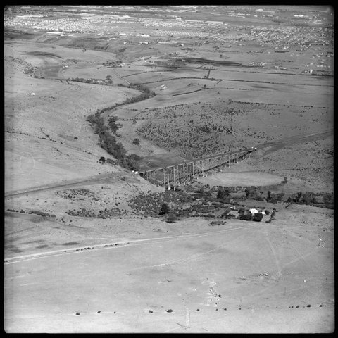 Aerial view of the Maribyrnong River Viaduct, Braybrook, Victoria, 1954