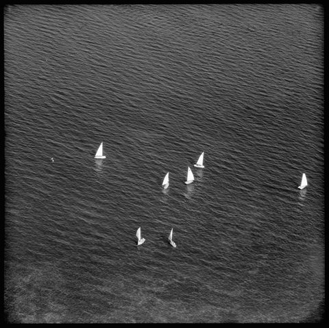 Aerial view of sail boats off Beaumaris, Victoria, 1953