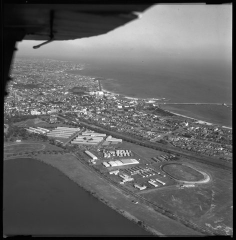 Aerial view looking south west from Albert Park Lake, Victoria, 1954