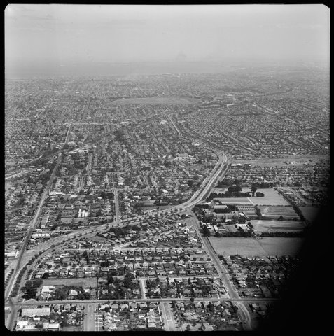 Aerial view of Dandenong Road looking west towards Caulfield and Carnegie, 1953