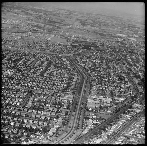 Aerial view of Dandenong Road at Carnegie, looking east, 1953