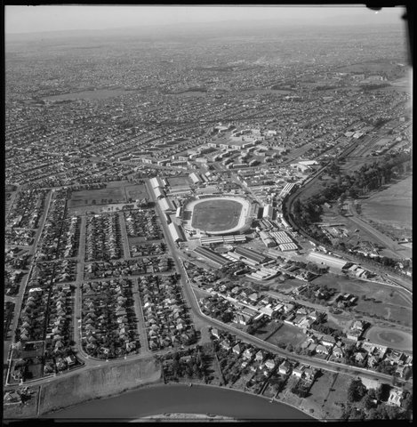 Aerial view of Ascot Vale and Melbourne Showgrounds, looking north west, 1954