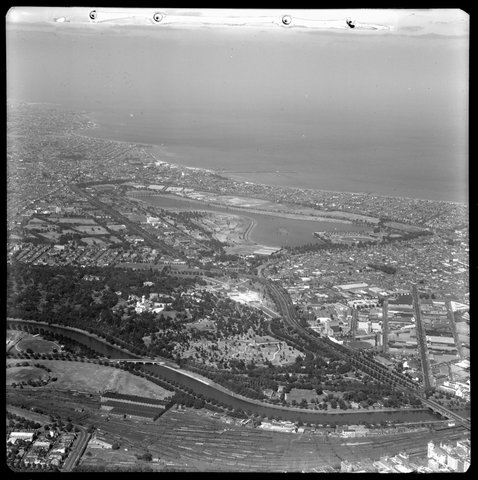Aerial views looking from the north East towards Albert Park Lake, Victoria, 1953