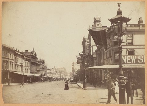 Bourke Street, Melbourne, looking west from Russell Street showing south side of road, c. 1890