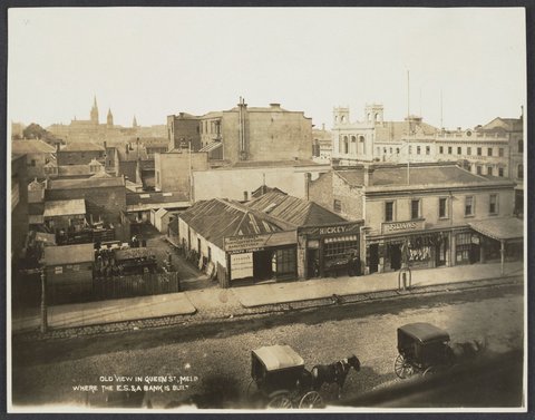 Old view in Queen St Melb., where the E.S. & A. bank is built, 1936–45