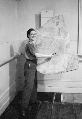 Collection of images showing Jean Stewart and stage staff painting the new studio, 470 Bourke Street, Melbourne, 1939–51