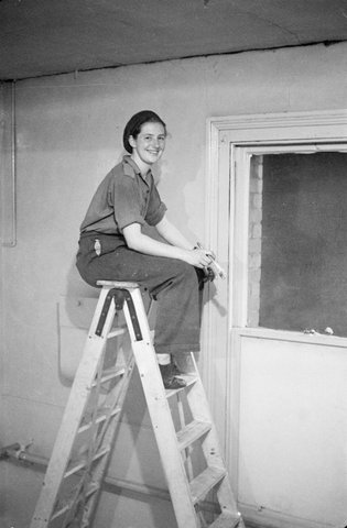 Collection of images showing Jean Stewart and stage staff painting the new studio, 470 Bourke Street, Melbourne, 1939–51