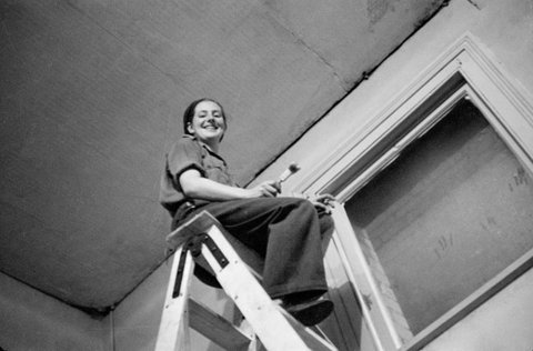 Collection of images showing Jean Stewart and stage staff painting the new studio, 470 Bourke Street, Melbourne, 1939–51