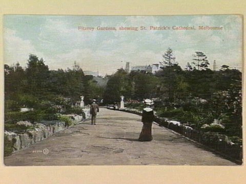 Fitzroy Gardens, shewing [i.e. showing] St. Patrick's Cathedral, Melbourne, c. 1907