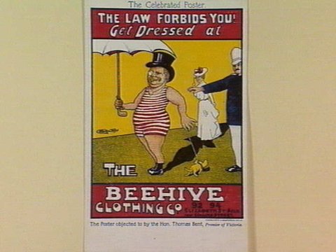 THE LAW FORBIDS YOU! Get Dressed at THE BEEHIVE CLOTHING CO.94-94 ELIZABETH ST. MELB. near COLLINS STREET, c. 1905