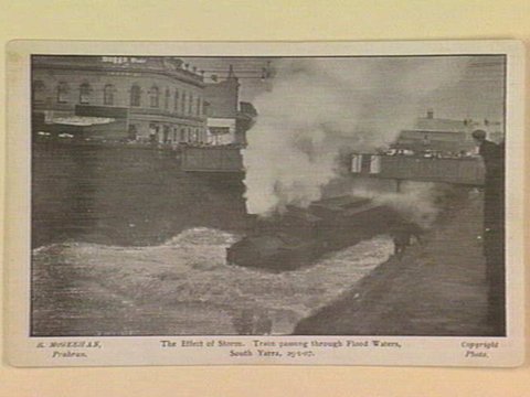 The Effect of Storm. Train passing through Flood Waters, South Yarra, 25-1-07, c. 1907