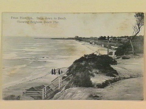 From Hampton. Steps down to Beach. Showing Brighton Beach Pier, c. 1910