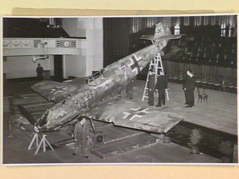 Bullet ridden Me. 109 exhibited at the Town Hall, Melbourne as part of an aircraft exhibition, 1939–45
