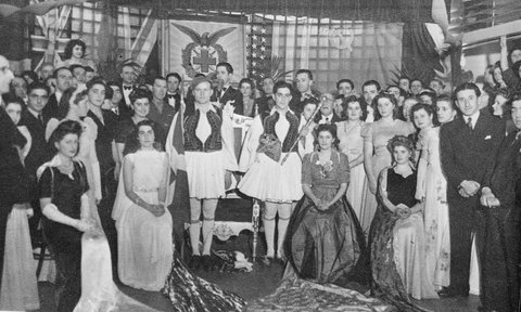 Fundraising for the Greek war effort in Melbourne. Greek men to the fore before the Queen is crowned. 1939-45, 1939–45