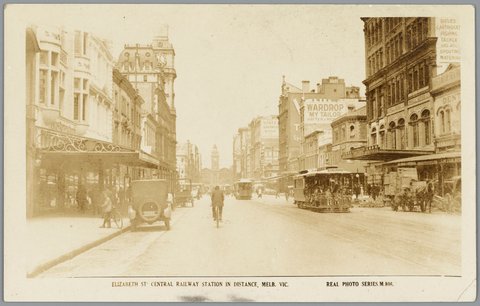 ELIZABETH ST. CENTRAL RAILWAY STATION IN DISTANCE, MELB. VIC, 1910?
