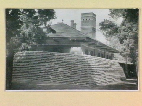 Sandbagged ARP Control room, grounds of the University of Melbourne, c. 1942