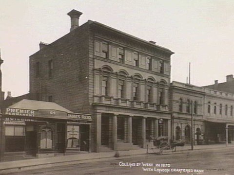 Collins St. West in 1870, with London Chartered Bank