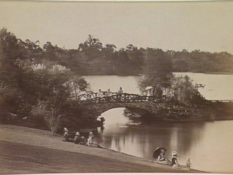 VIEW IN THE BOTANICAL GARDENS, At the Rustic Footbridge, Melbourne, 1865–95