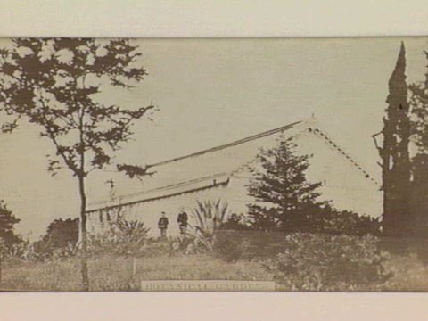 View of building and gardeners in the Royal Botanic Gardens, Melbourne, c. 1870