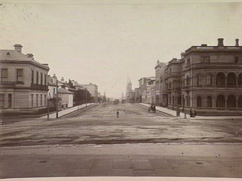 Collins Street Melbourne, looking west from Spring Street, showing both sides of the street, c. 1880