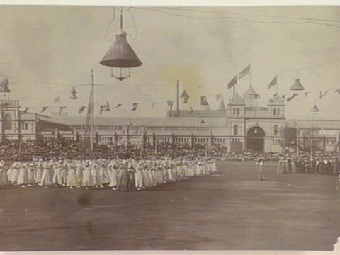 Celebrations marking the tour of the Duke and Duchess of York and Cornwall at the Exhibition Buildings, Melbourne, 1901