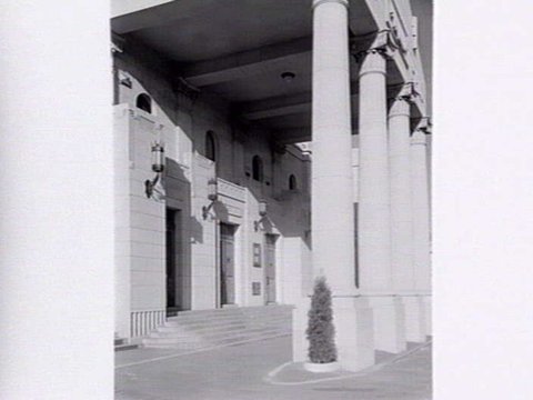 Exterior view of portico and front steps at Richmond Town Hall, 1936
