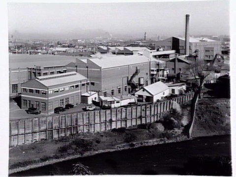Factories on Yarra, Abbotsford, looking south to the Collingwood Town Hall, 1940s