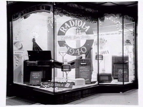 Window display of Radiola radios and gramophone at Allan's, 276 Collins Street, Melbourne, c. 1940