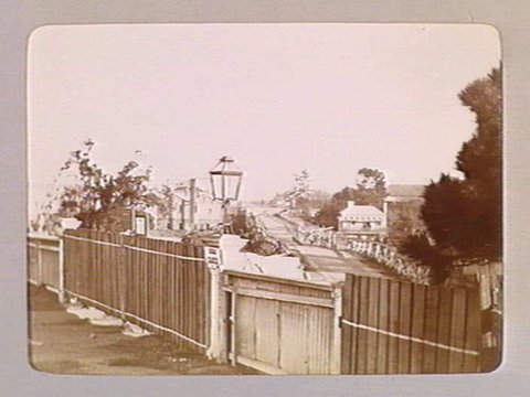 OLD STUDLEY PARK BRIDGE. [View of bridge from behind fence with sign "ROAD CLOSED"], 1890–1910